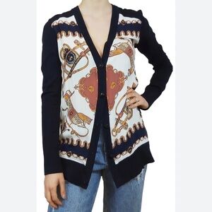 Brooks Brothers long equestrian cardigan V neck silk cotton spandex navy size L